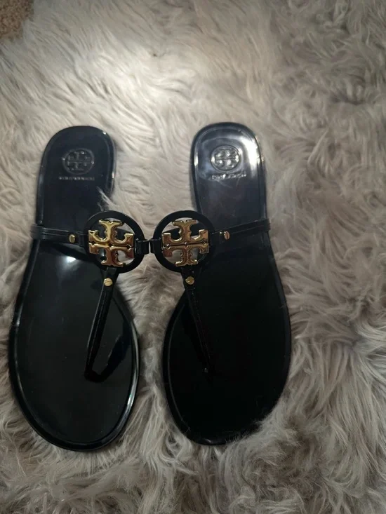 Tory Burch Black Jelly Sandals with Gold Logo Medallions - Picture 3 of 5